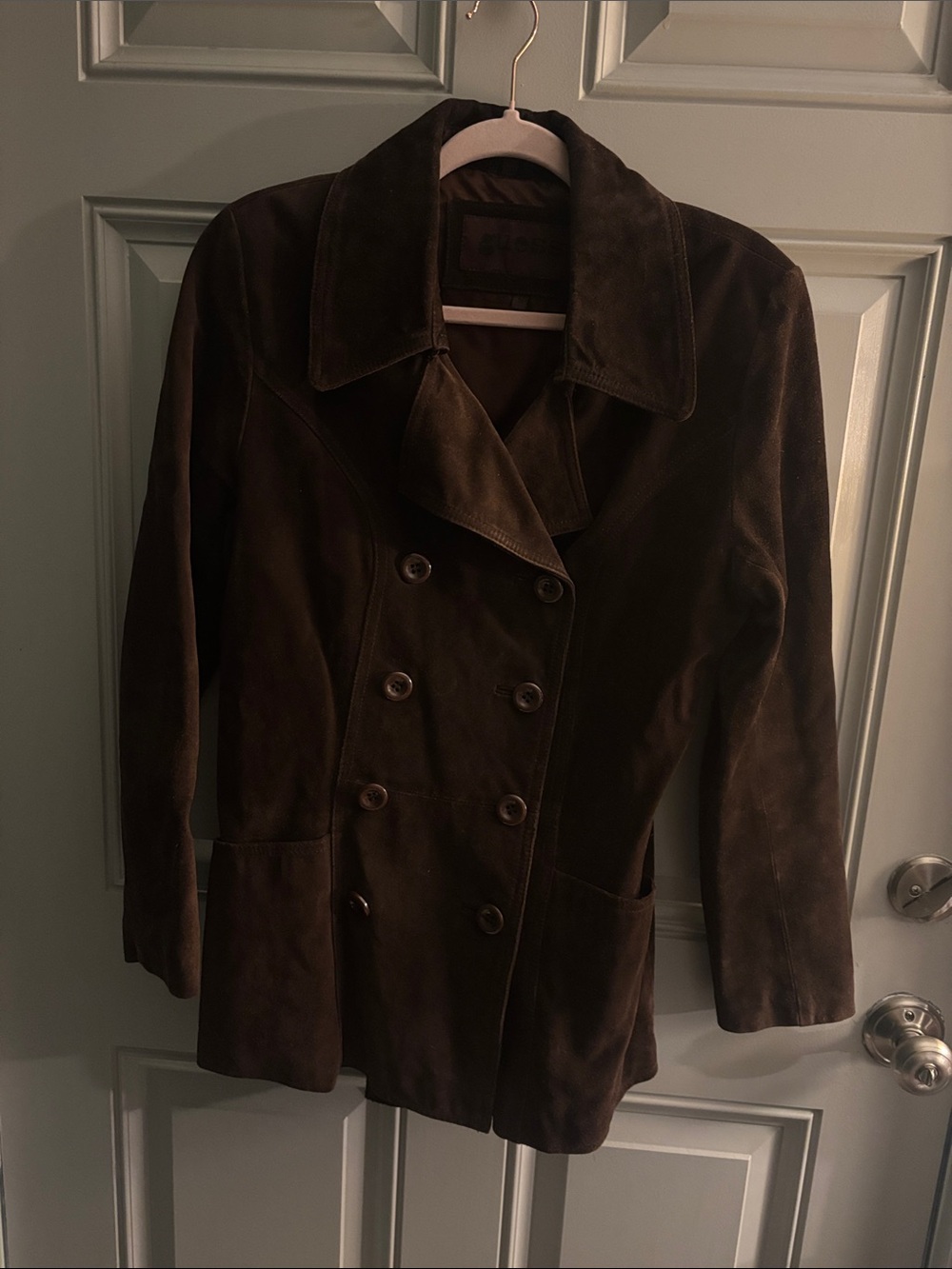 Guess Brown Suede Double-Breasted Pea Coat